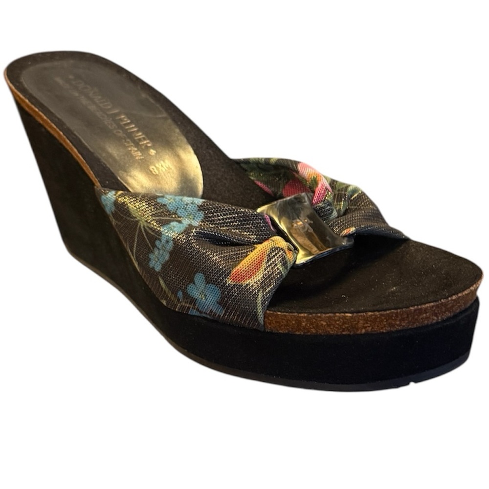 Donald J. Pliner Black Wedge Sandals with Multicolor Floral Strap